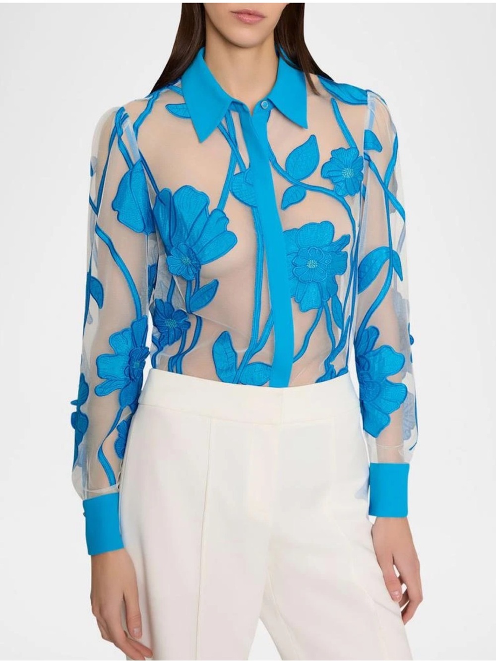 MILLY Ashton Grand Fleur Embroidered Sheer Button-Front Top Blue Medium $395 NWT